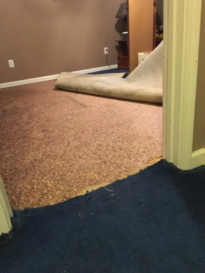 Carpet pad removal revealing water damage during Drying & Dehumidification in Blacklick Estates